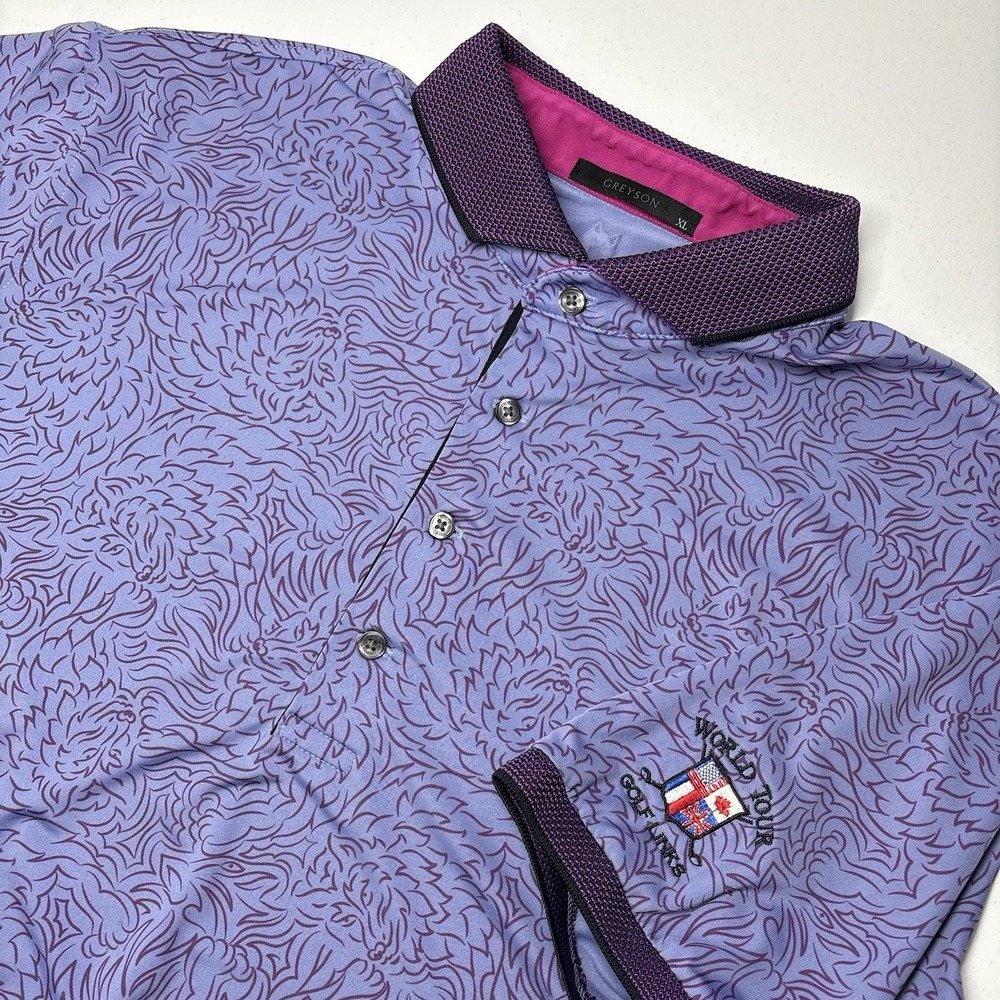 Greyson Mens Wolf AOP Golf Polo Shirt Size XL Purple World Tour Golf Links Logo